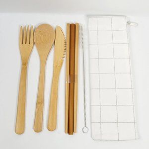 Bamboo Portable Utensils Cutlery - White Plaid Case . 7 Pieces Included.
